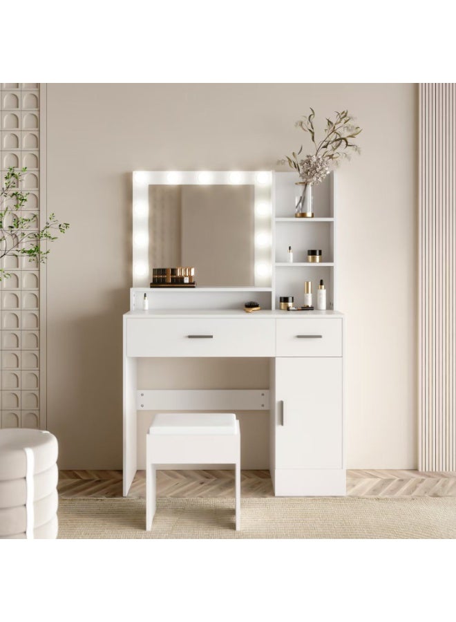 Organized Home Vanity Table with Lighted Mirror and Stool White Makeup Desk with Storage Shelves Cabinet and Drawers - Image 1
